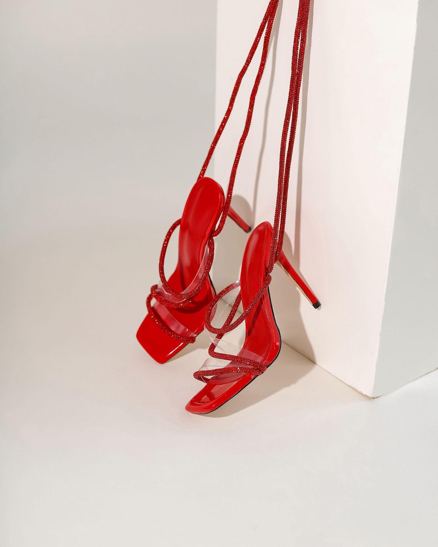 Square toe open toe hollow fashionable full diamond strap sexy stiletto high heels plus size women's shoes