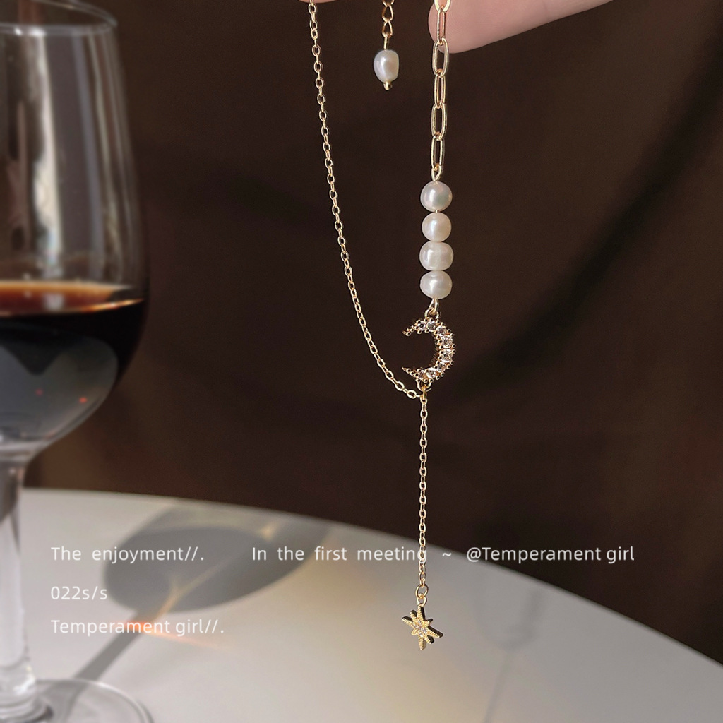 Zircon micro-plated 14K necklace Freshwater pearl hand-designed clavicle chain