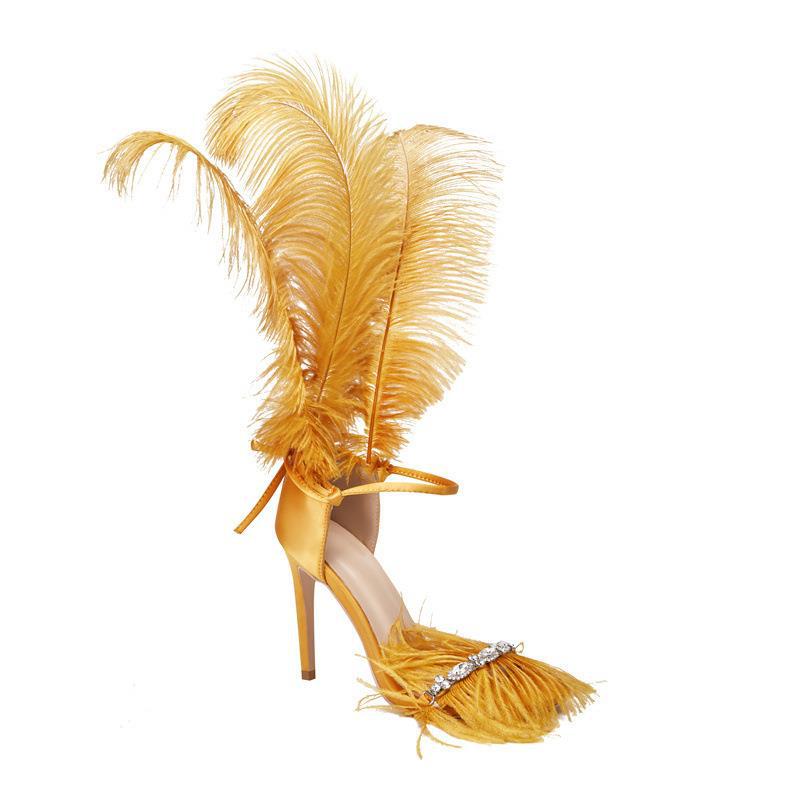Open toe feather sexy sandals stiletto heel rhinestone one-line buckle sandals