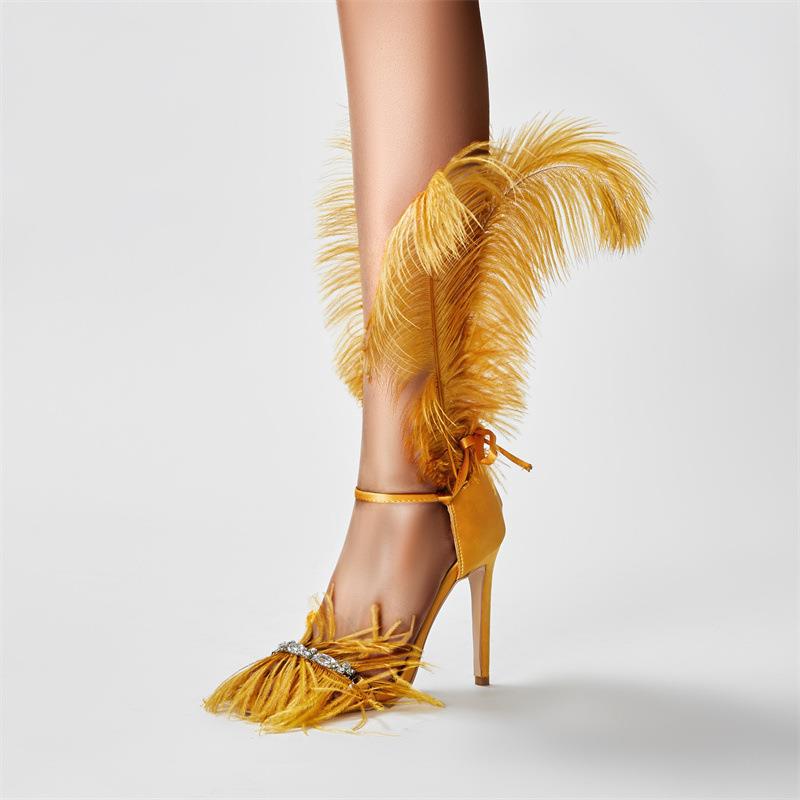 Open toe feather sexy sandals stiletto heel rhinestone one-line buckle sandals