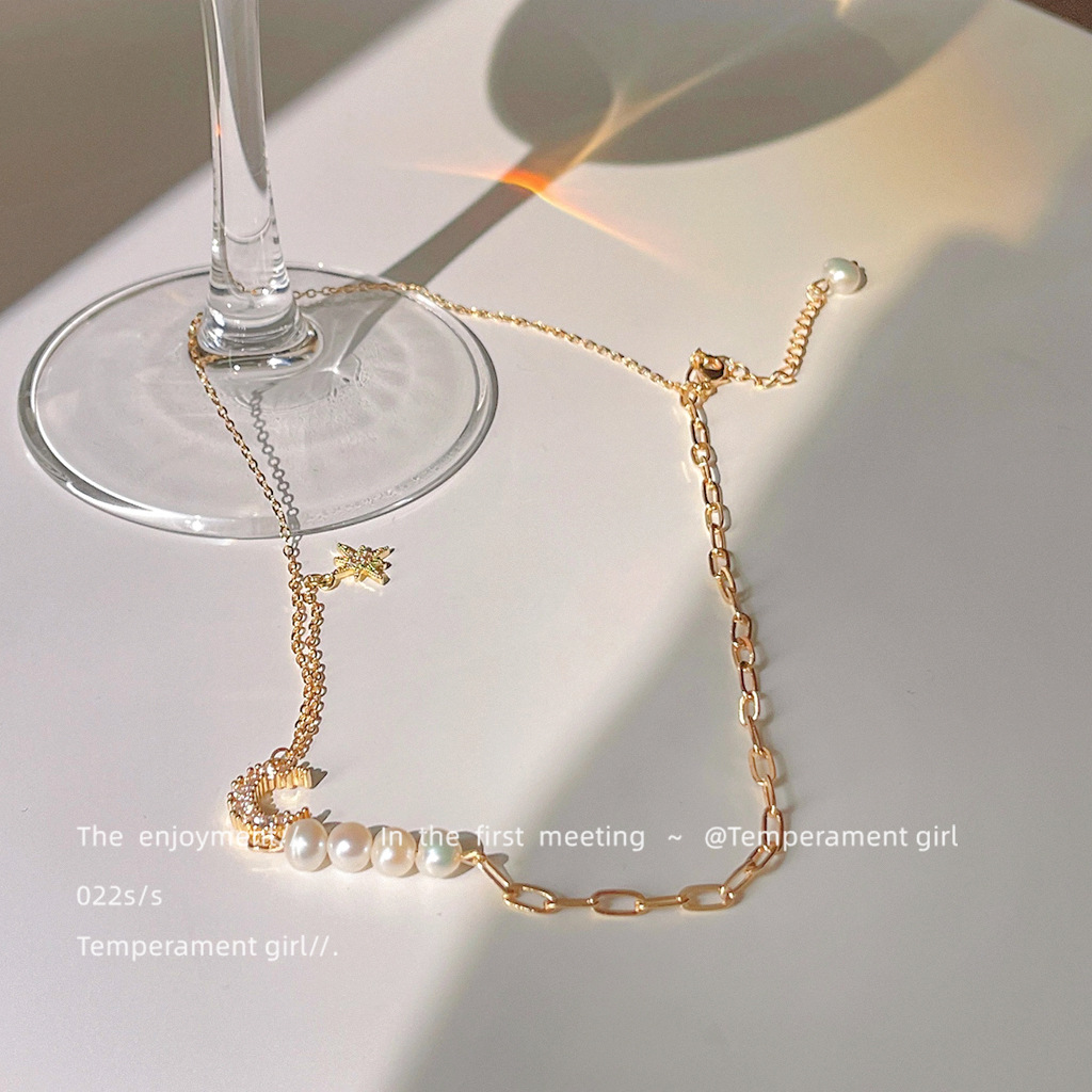 Zircon micro-plated 14K necklace Freshwater pearl hand-designed clavicle chain