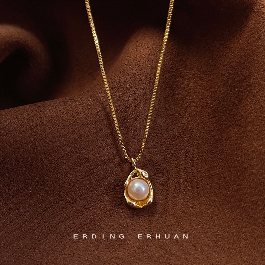 French broad bean freshwater pearl necklace 14K gold plated bowl pearl pendant niche fashion high-end clavicle chain