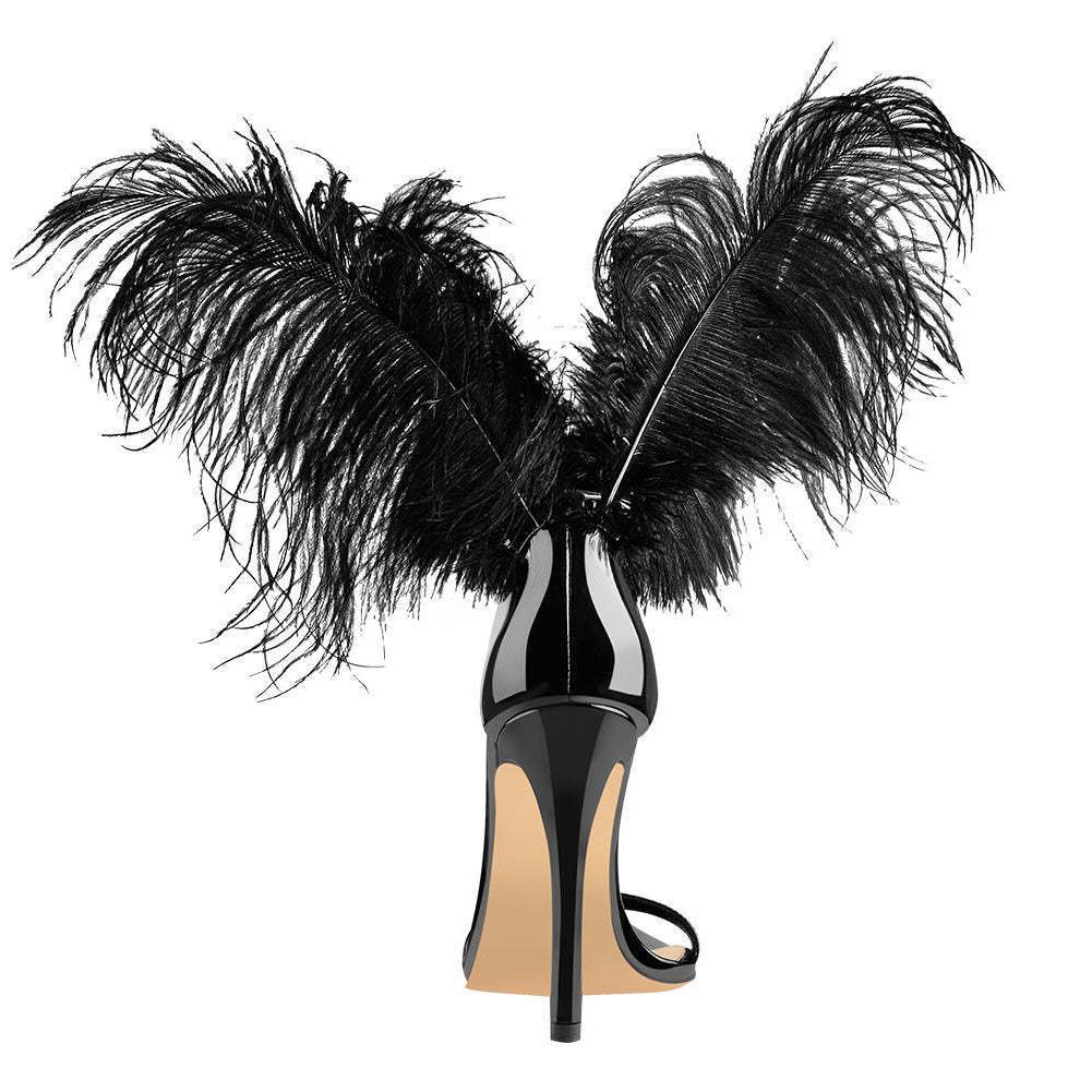 Pointed toe stiletto heel with feather fashion catwalk large size hollow sandals for women