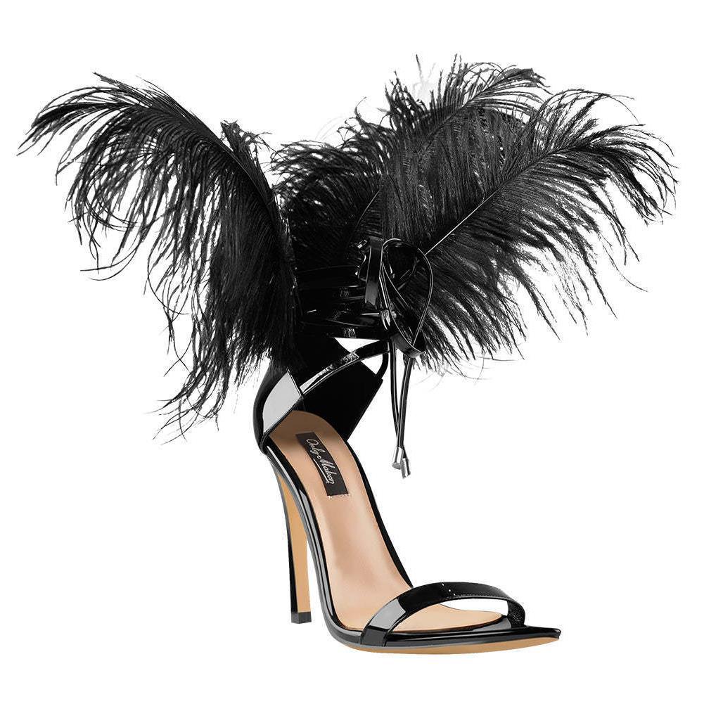 Pointed toe stiletto heel with feather fashion catwalk large size hollow sandals for women