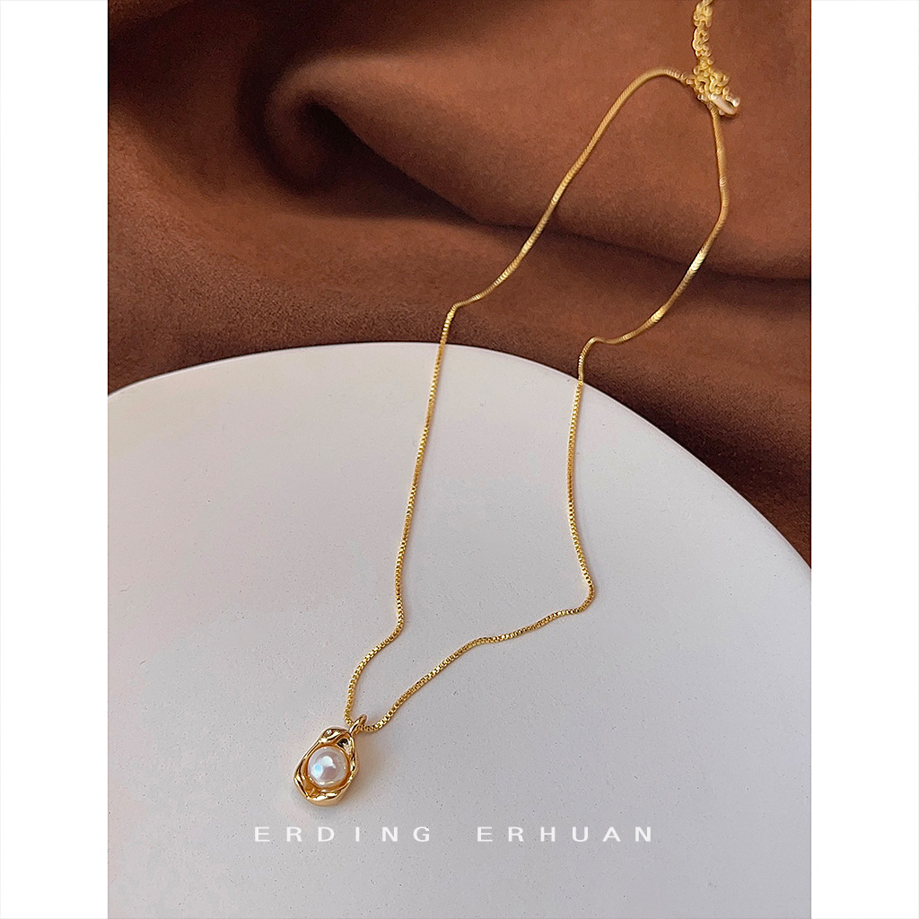 French broad bean freshwater pearl necklace 14K gold plated bowl pearl pendant niche fashion high-end clavicle chain