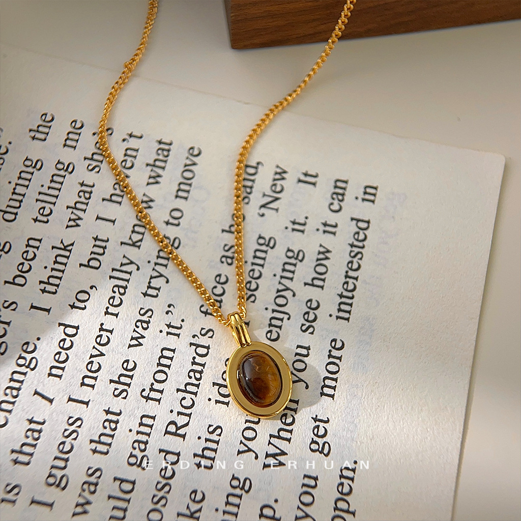 Light luxury tiger eye stone electroplated 14K real gold clavicle chain necklace