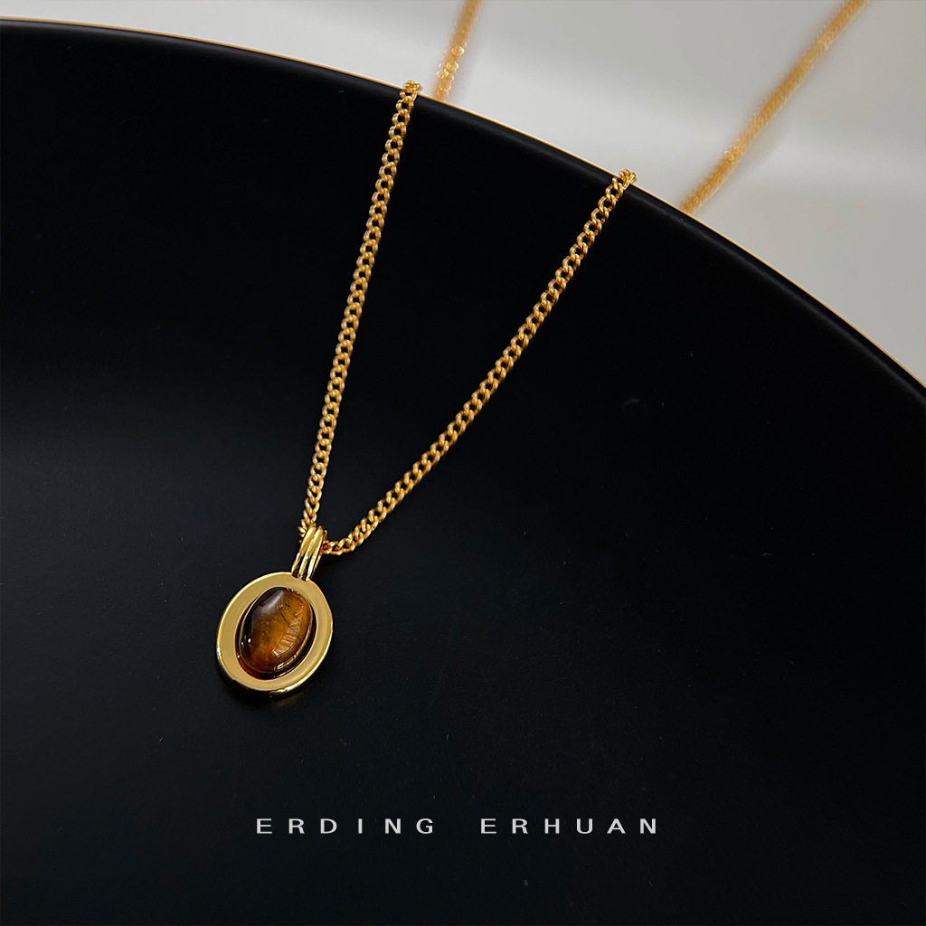 Light luxury tiger eye stone electroplated 14K real gold clavicle chain necklace