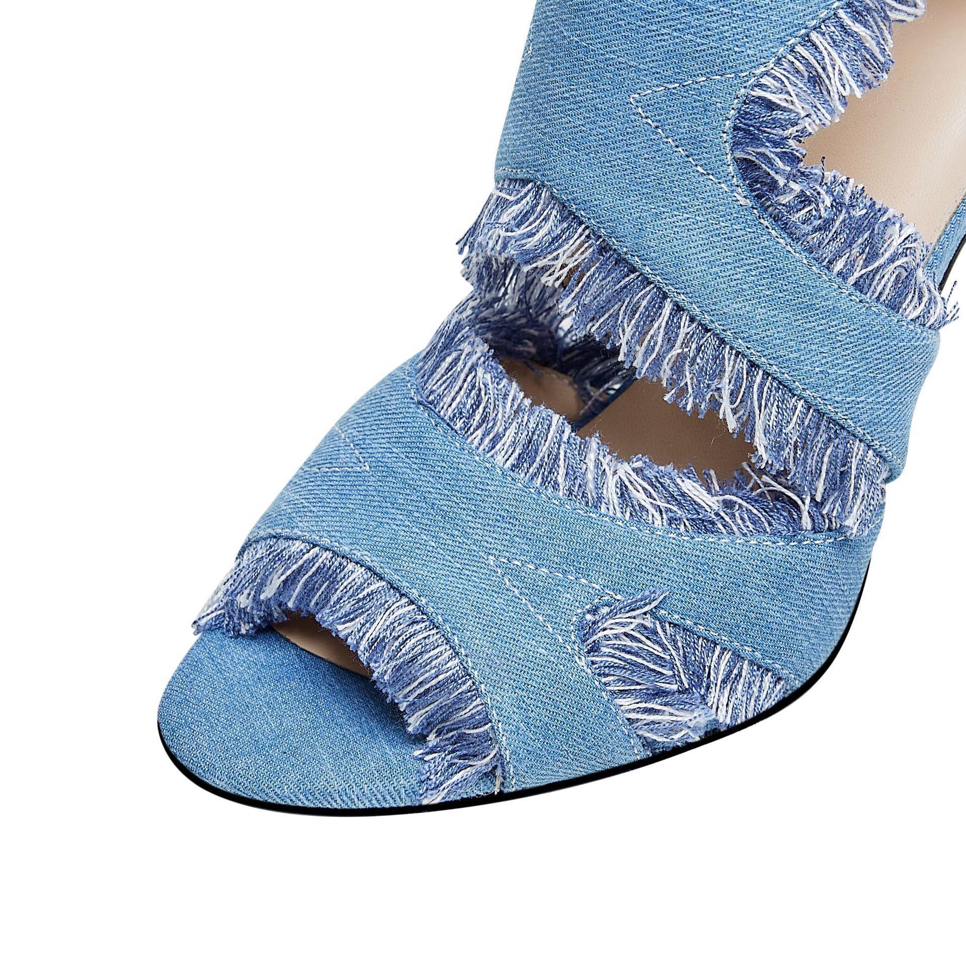 Fish-toe open-toe denim raw edge zippered back stiletto heel sandals