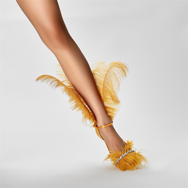 Open toe feather sexy sandals stiletto heel rhinestone one-line buckle sandals
