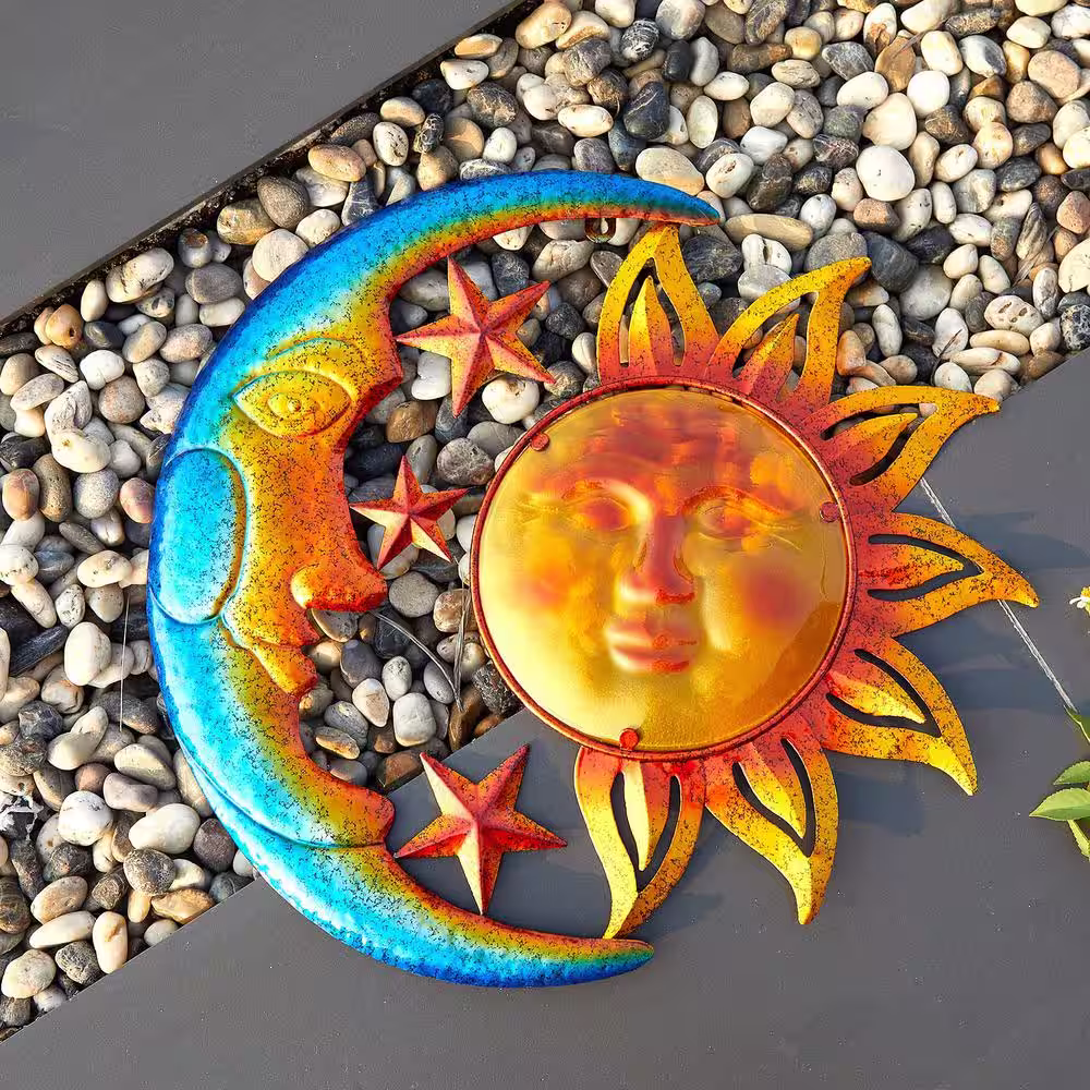 None Metal Multi Colored Indoor Outdoor Sun and Moon Wall Decor