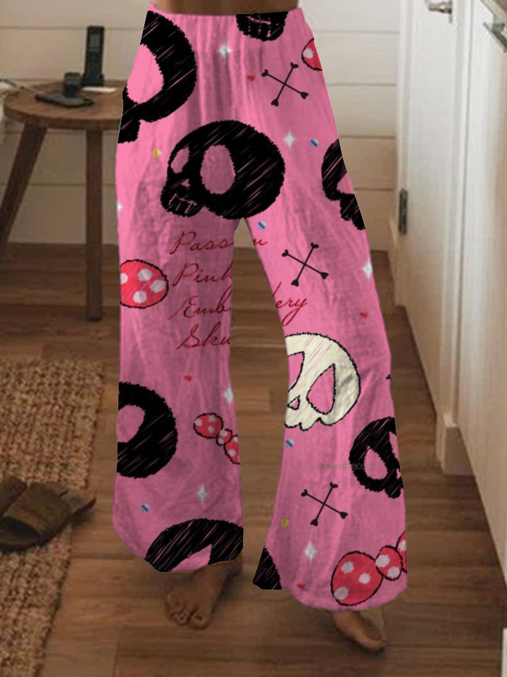 Punk cartoon skull print wide-leg pants