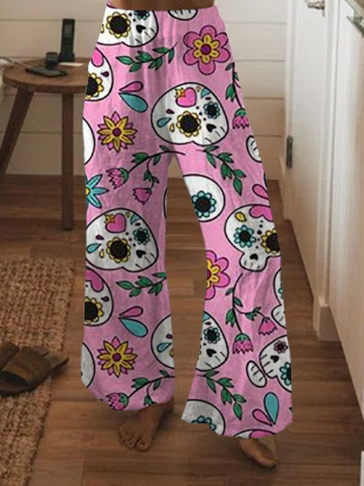 Punk flower skull print wide-leg pants