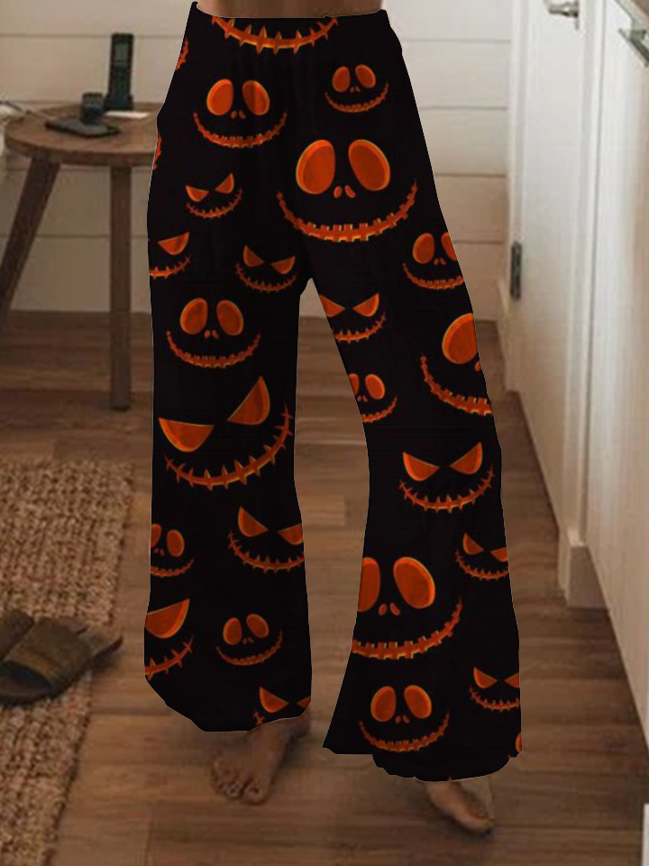 Halloween pumpkin print wide-leg pants