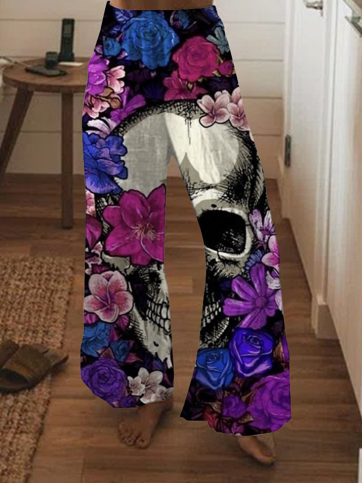 Punk floral skull wide-leg pants