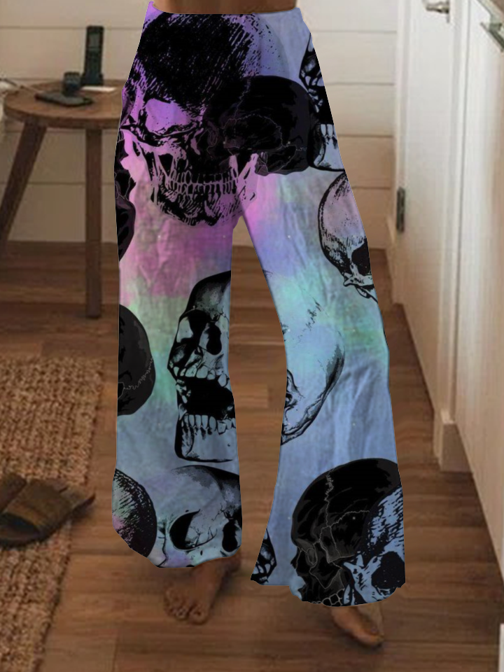 Gradient skull print wide-leg pants