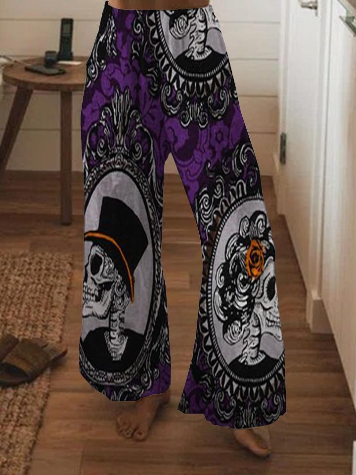 Punk skull print wide-leg pants