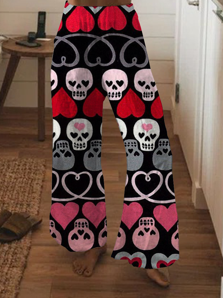 Punk Love Skull Print Wide Leg Pants