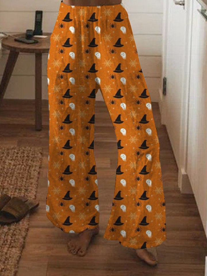 Halloween pumpkin print wide-leg pants