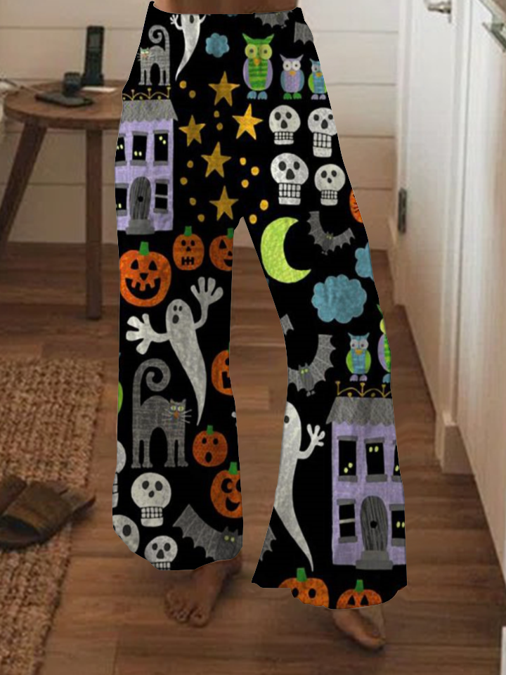 Halloween pumpkin print wide-leg pants