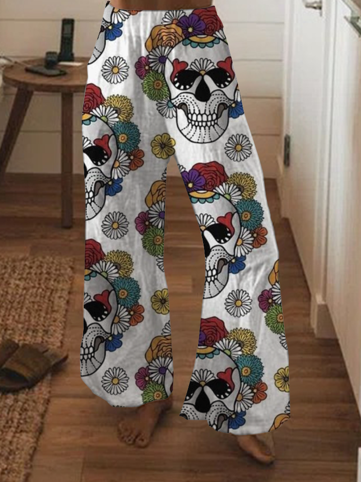 Punk skull print wide-leg pants
