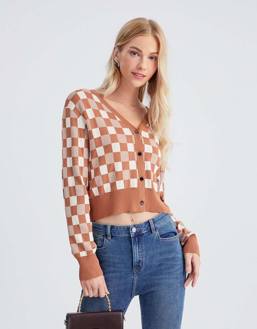 Checkered Pattern Button Up Cardigan