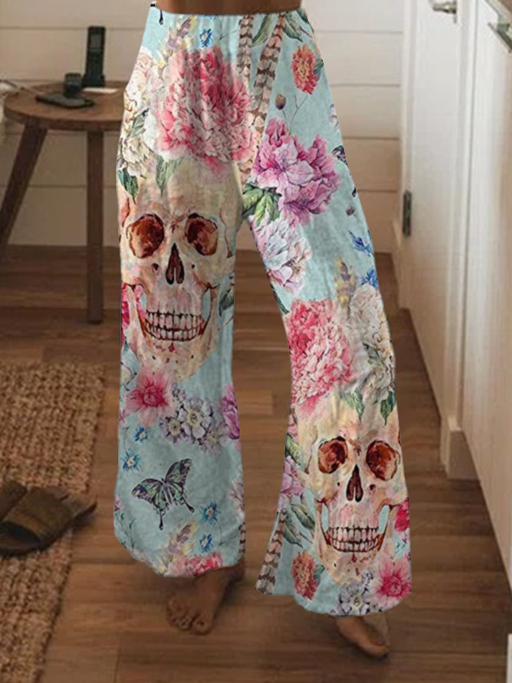 Punk floral skull wide-leg pants