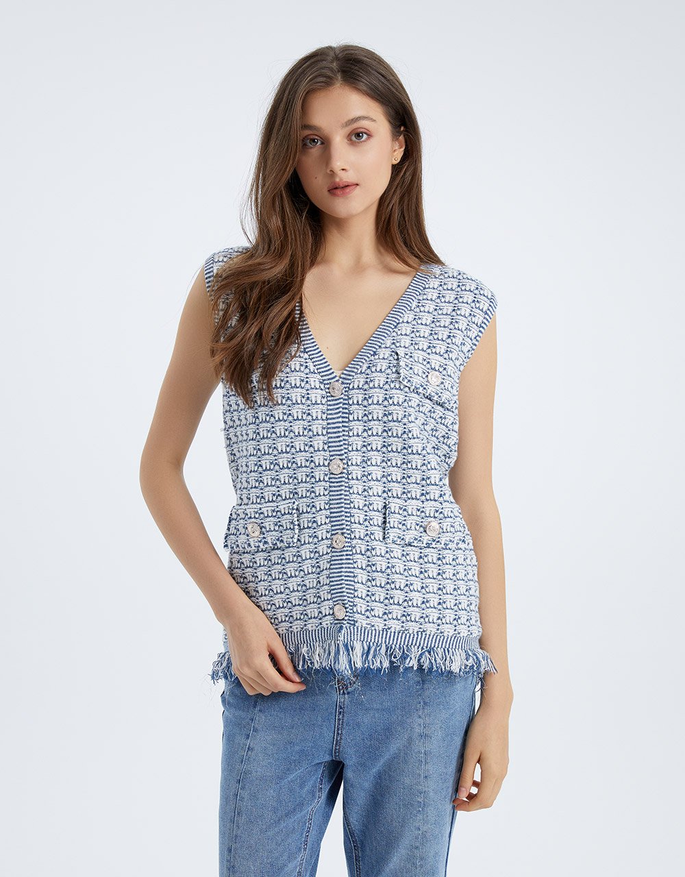 Raw Hem Faux Pocket Button Up Knitted Vest