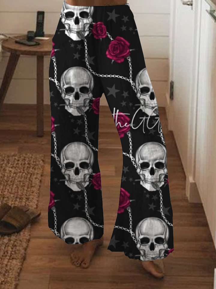 Punk flower skull print wide-leg pants
