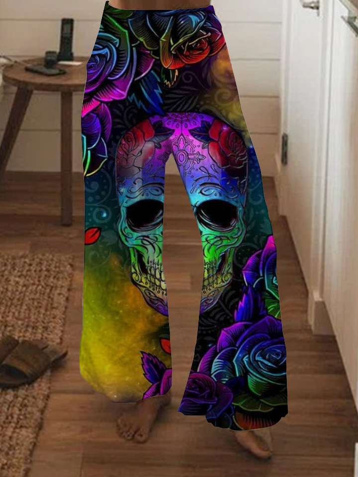 Punk skull print wide-leg pants