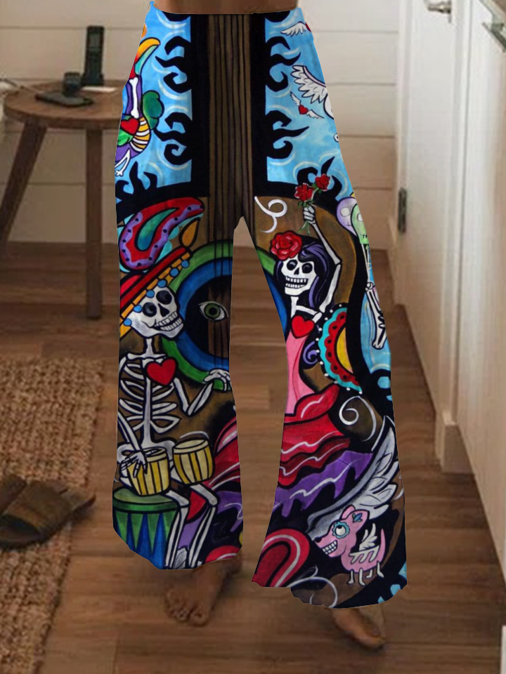 Punk skull print wide-leg pants