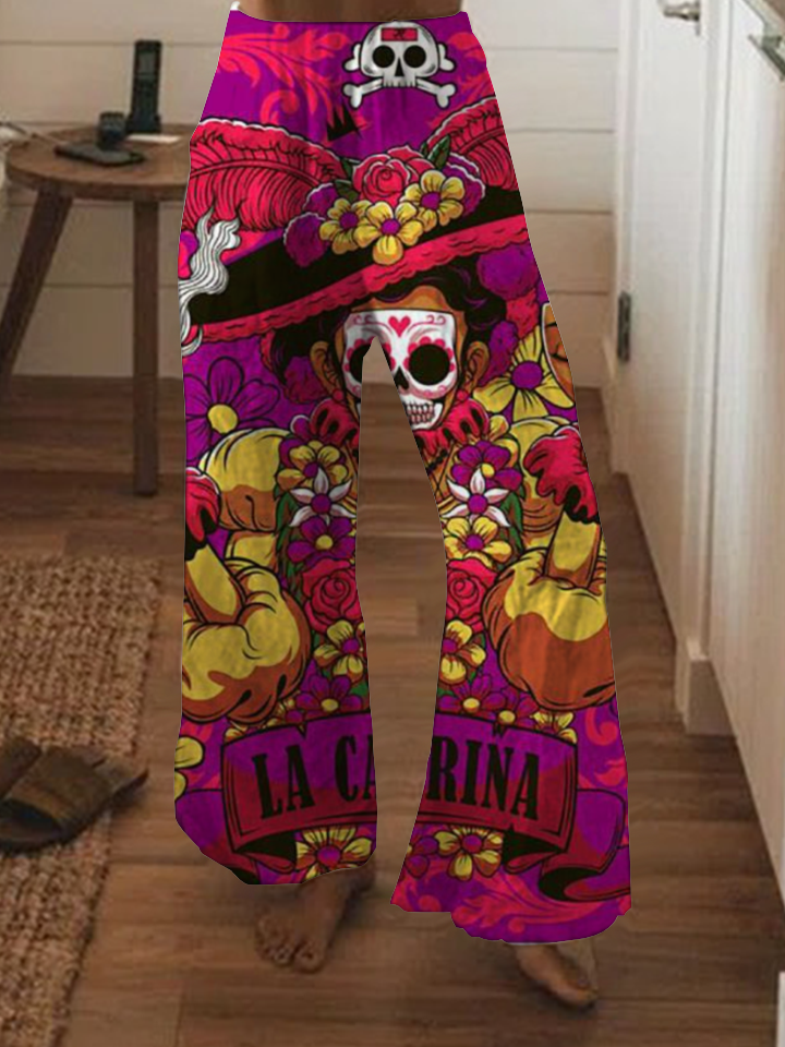 Punk skull print wide-leg pants