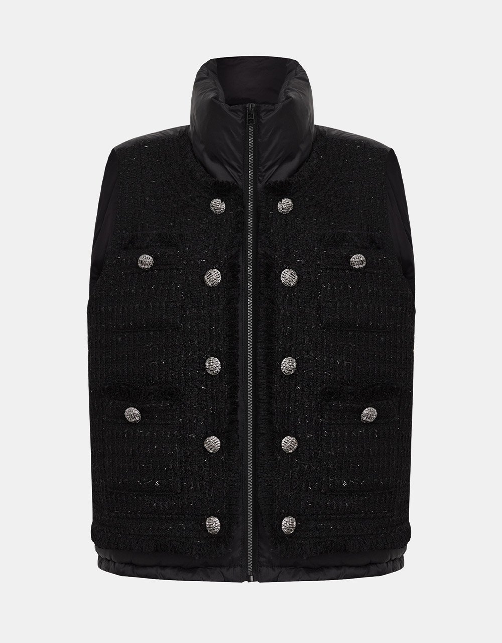 Faux Button Tweed Panel Zip Up Down Vest Coat