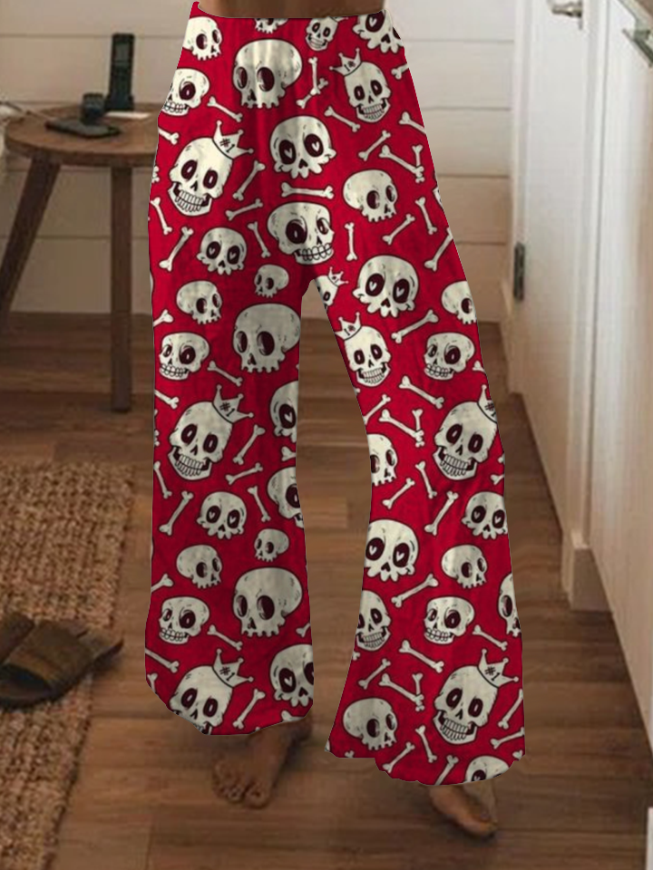 Punk cartoon skull print wide-leg pants