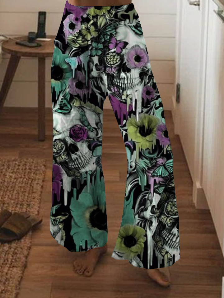Flower skull print wide-leg pants