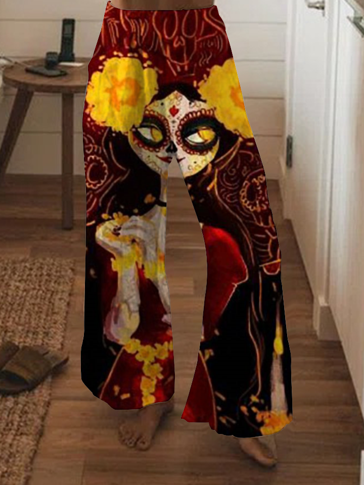 Punk skull print wide-leg pants