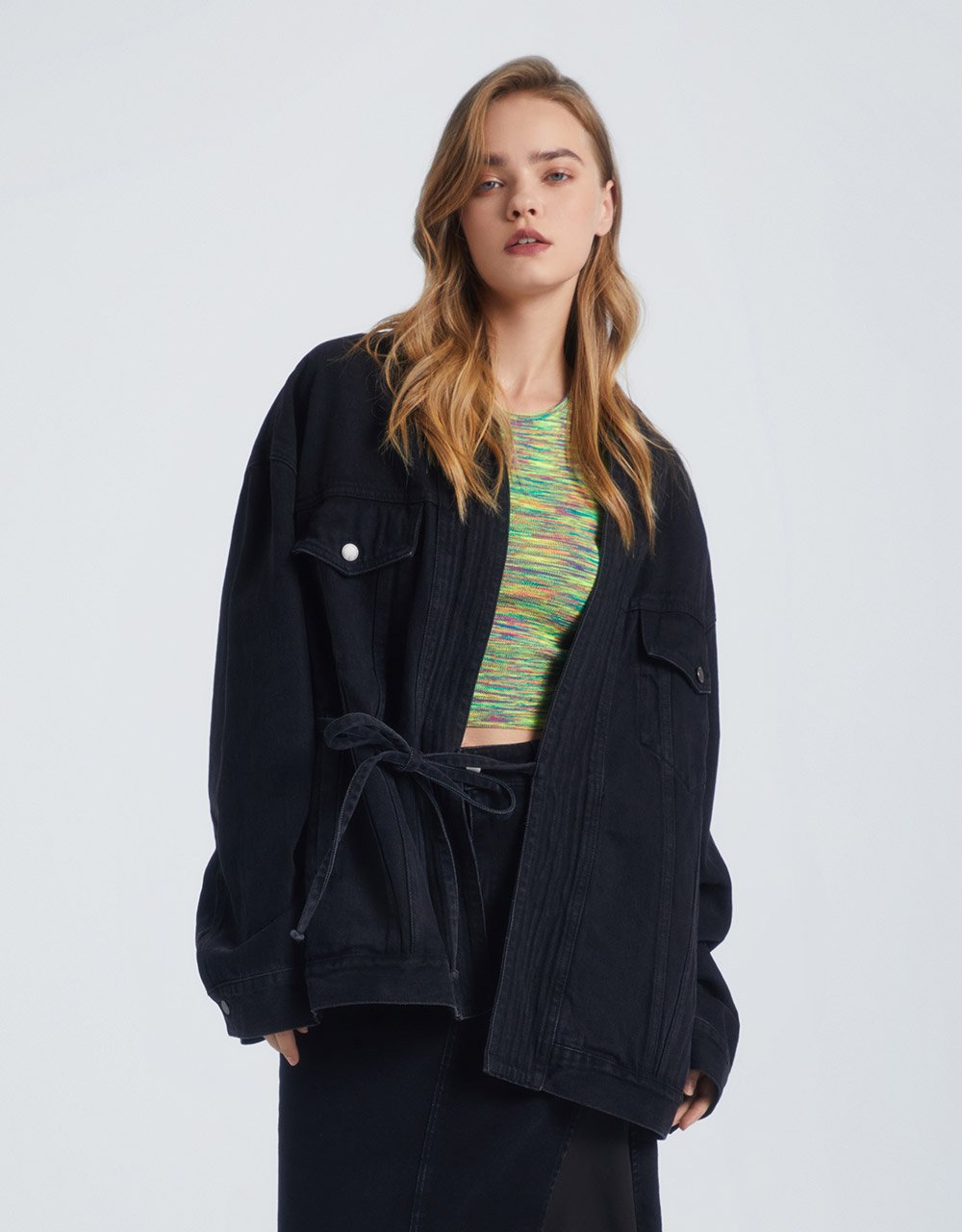 Off-Shoulder Long Sleeve Denim Jacket