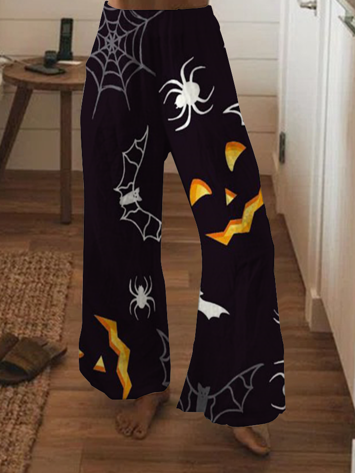 Halloween pumpkin print wide-leg pants