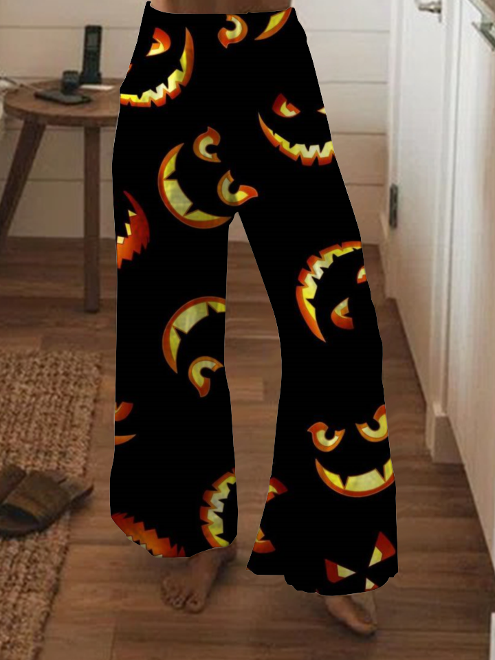 Halloween pumpkin print wide-leg pants