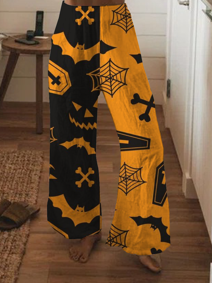 Halloween pumpkin print wide-leg pants