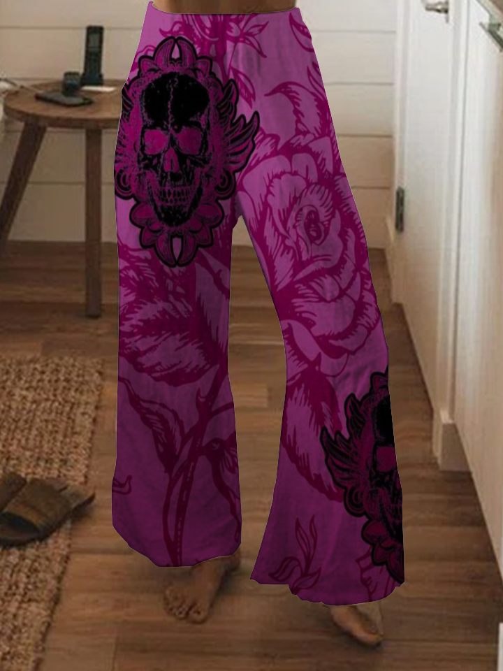 Punk floral skull wide-leg pants