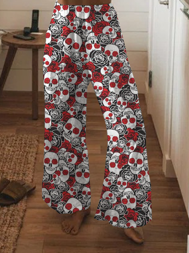 Punk flower skull print wide-leg pants