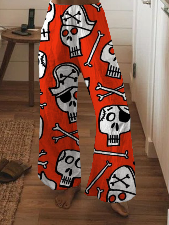 Cartoon skull print wide-leg pants