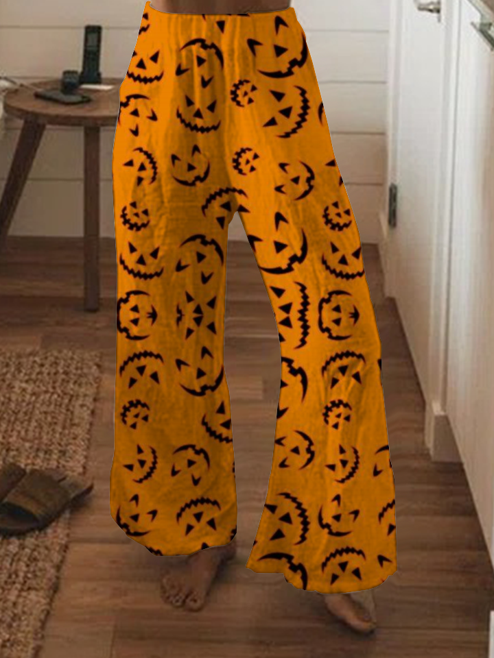 Halloween pumpkin print wide-leg pants