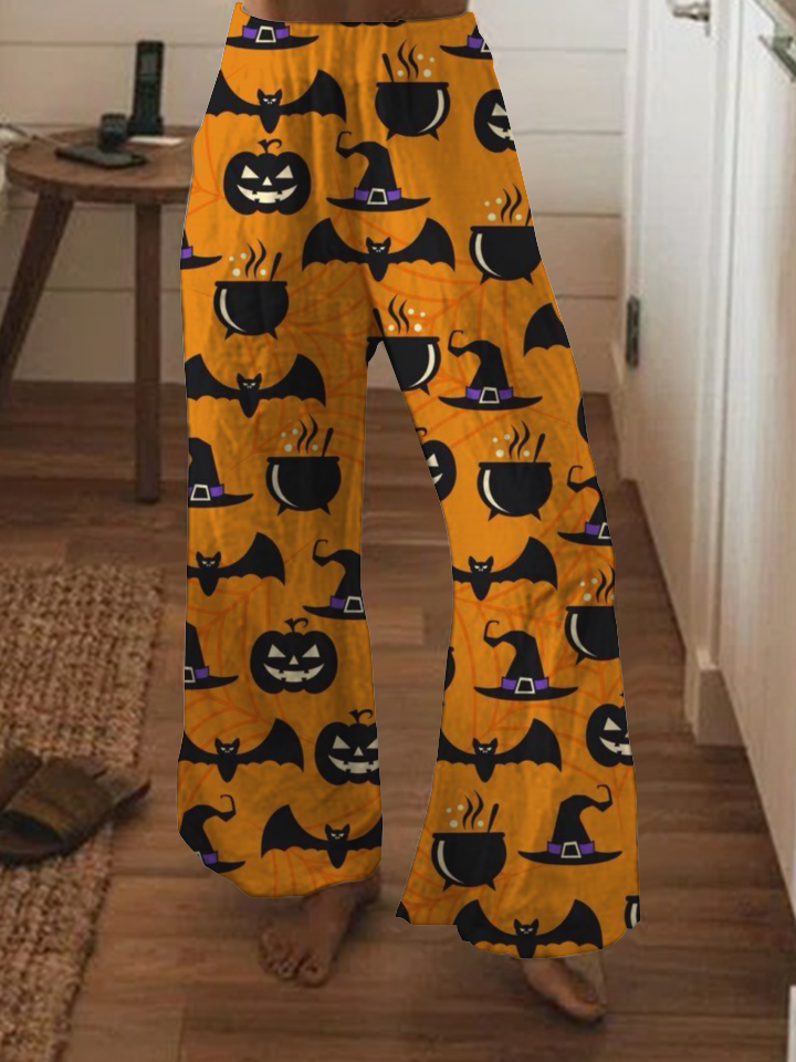 Halloween pumpkin print wide-leg pants