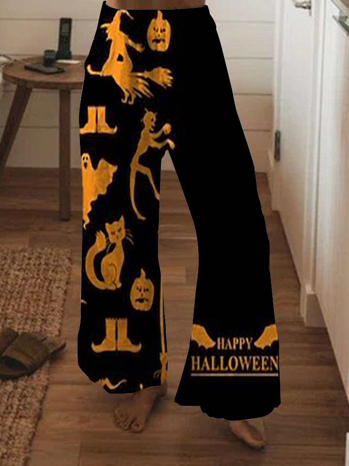 Halloween pumpkin print wide-leg pants
