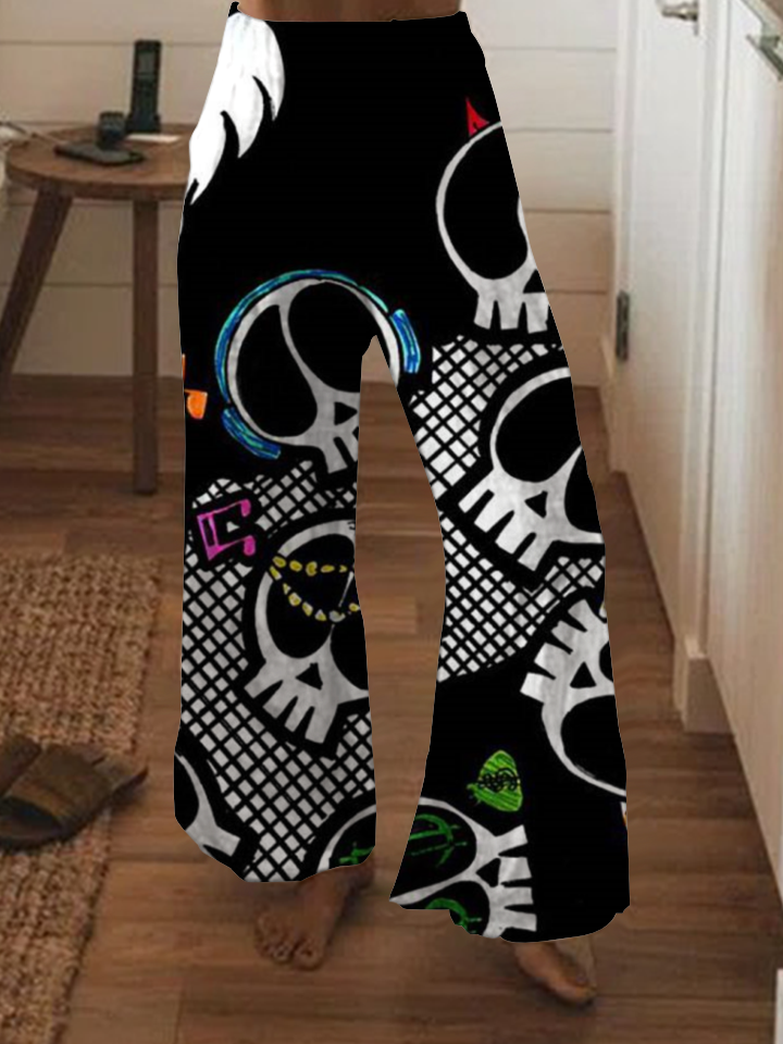 Punk cartoon skull print wide-leg pants