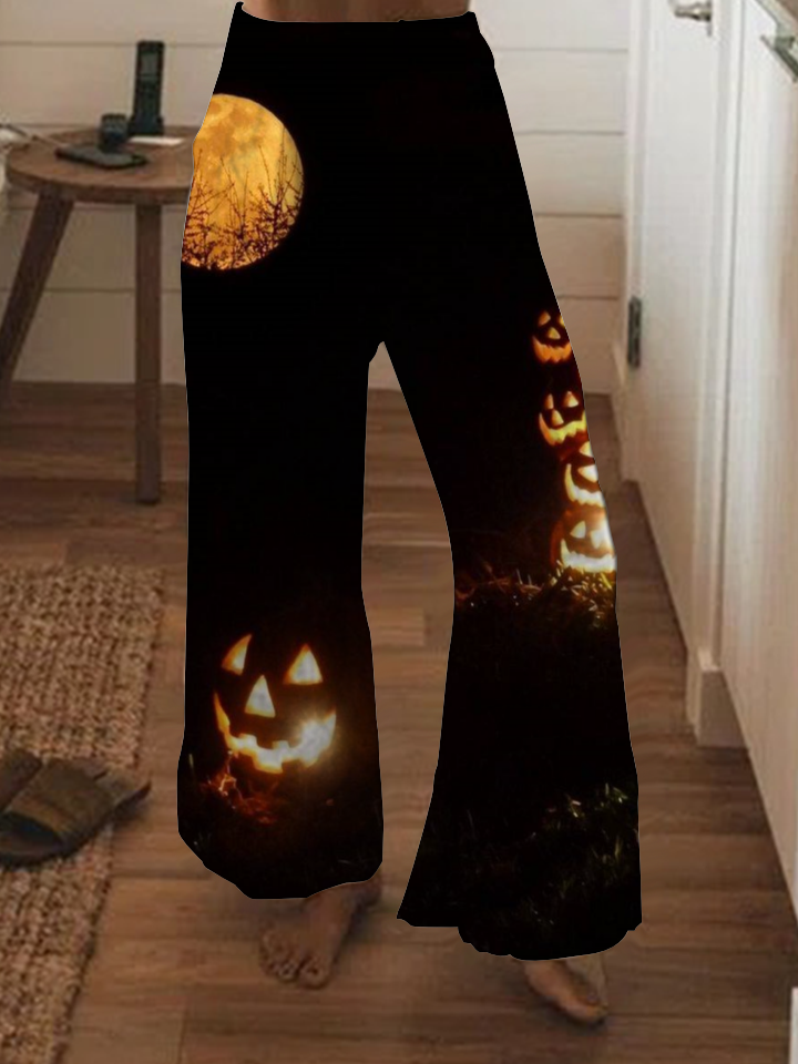 Halloween pumpkin print wide-leg pants