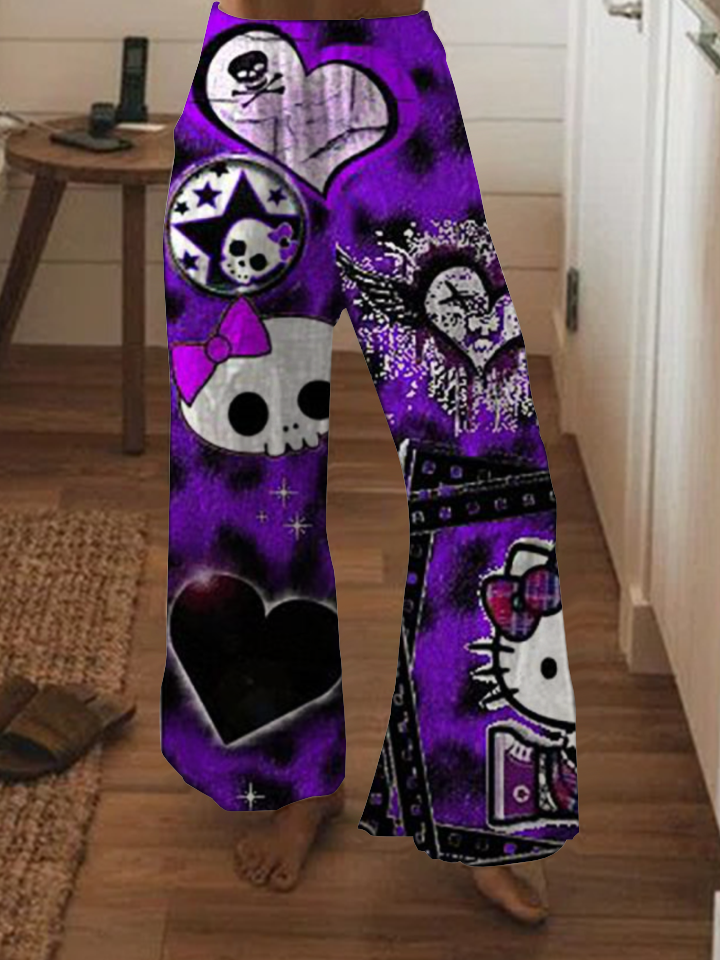 Cartoon skull bow wide leg pants