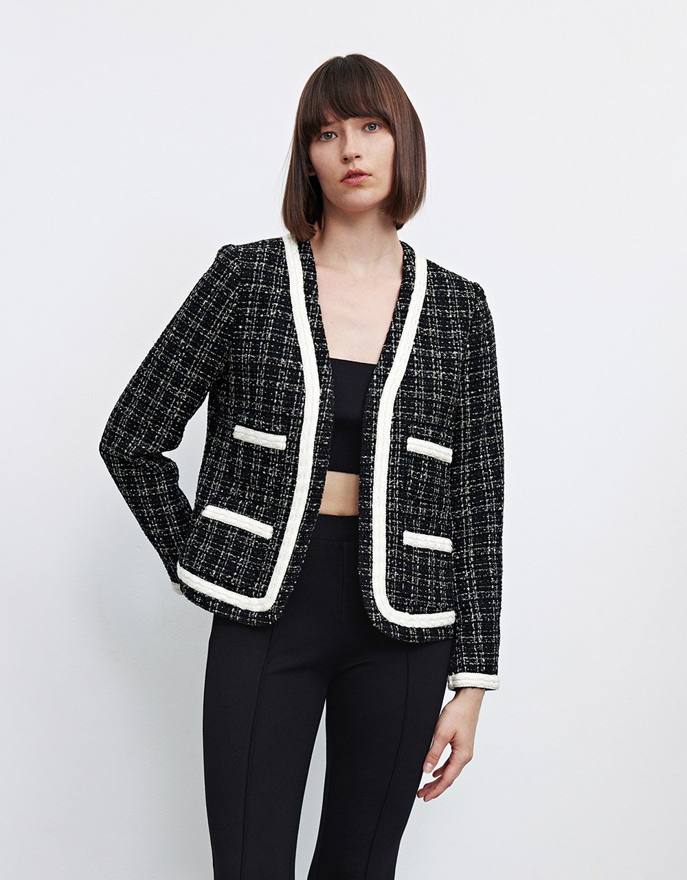 Contrast Trim Tweed Plaid Jacket