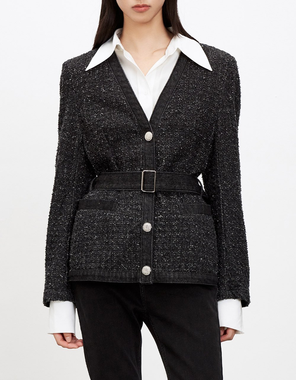 Shoulder Pad Buckle Belted Jacket